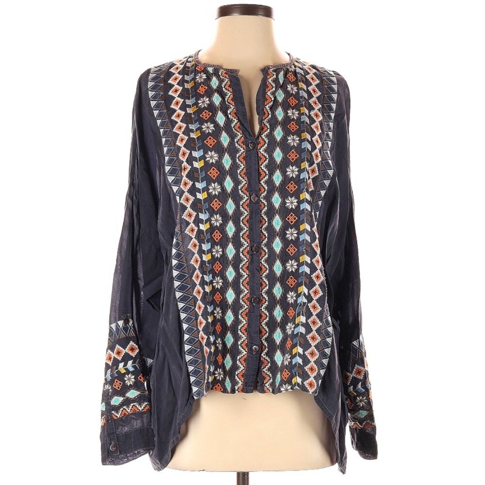 Johnny Was Cenote Button-Front Georgette Blouse W/ Embroidery